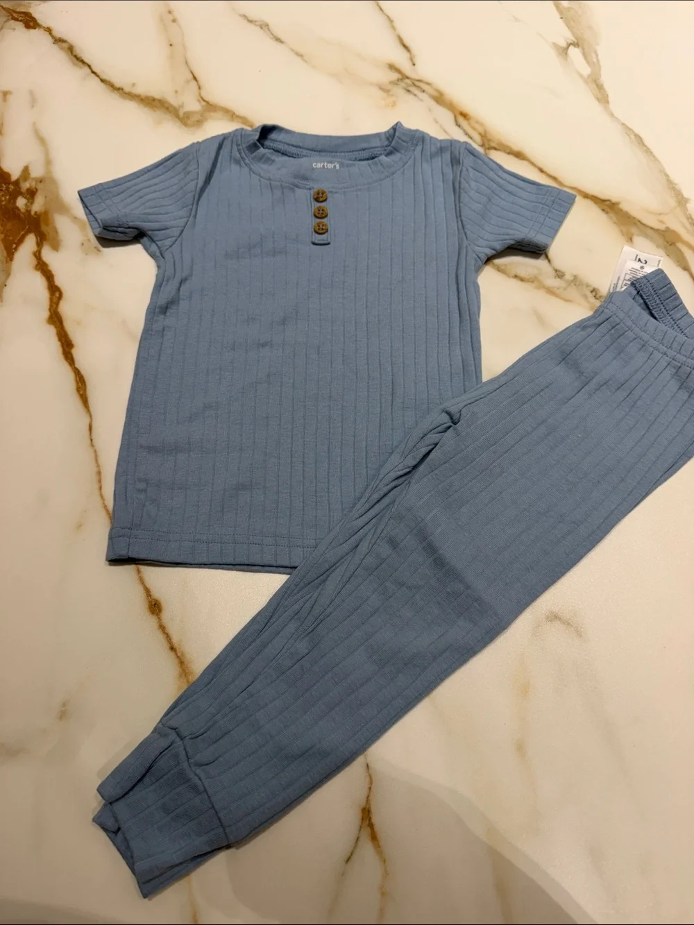 Carter's Light Blue Ribbed Short-Sleeve Pajama Set with Button Henley 24m - Picture 2 of 5